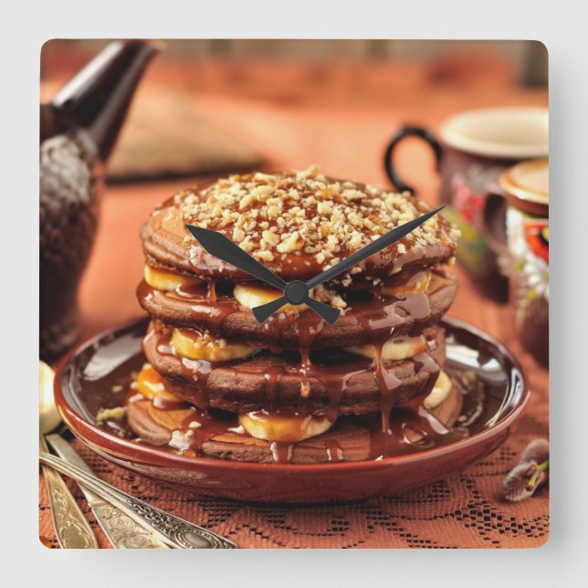 Horloge Carrée Crêpes de chocolat avec les bananes et le caramel (Recto)