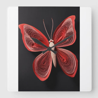 Horloge Carrée Crimson Wings : Rouge Butterfly Tattoo Wall Watch