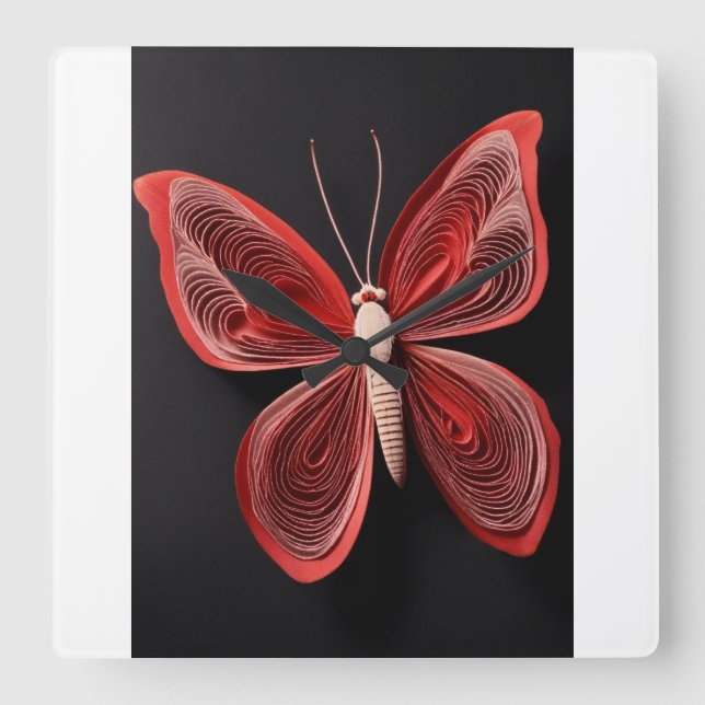 Horloge Carrée Crimson Wings : Rouge Butterfly Tattoo Wall Watch (Recto)