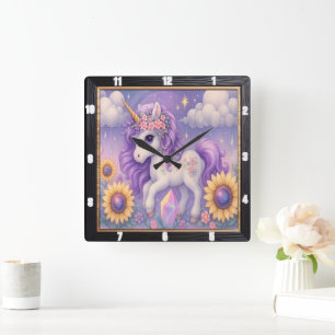 Horloge Carrée Cristal de tournesol Unicorne violet