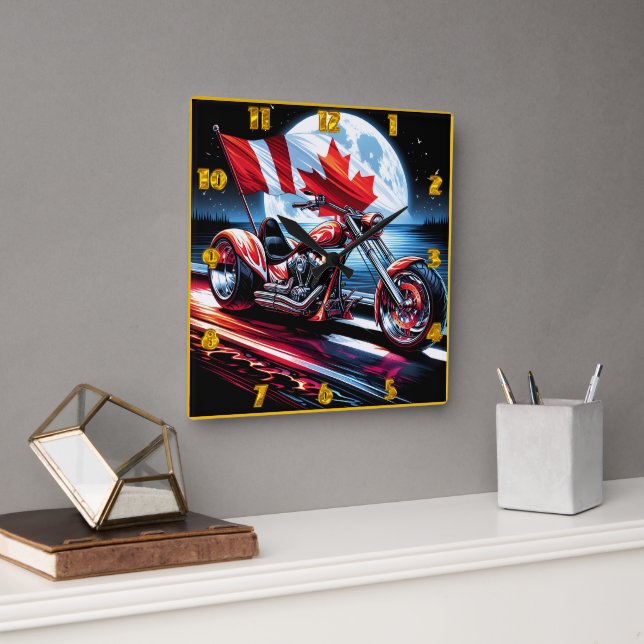 Horloge Carrée Croisière en moto canadienne sous pleine lune (Bureau)