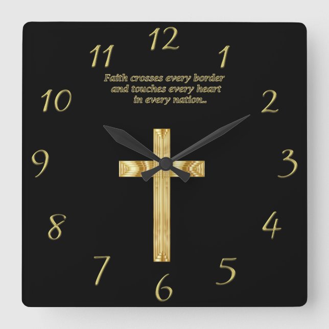 Horloge Carrée Croix chrétienne de foi d'or avec l'énonciation (Recto)