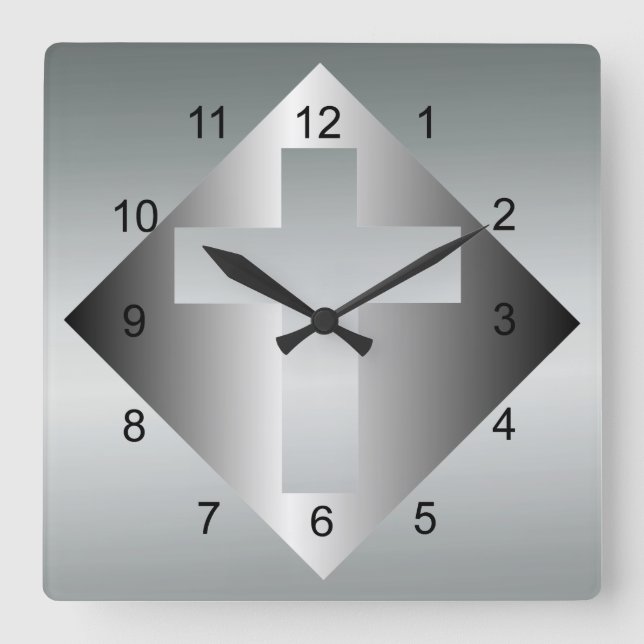 Horloge Carrée Croix chrétienne en couleur argent (Recto)