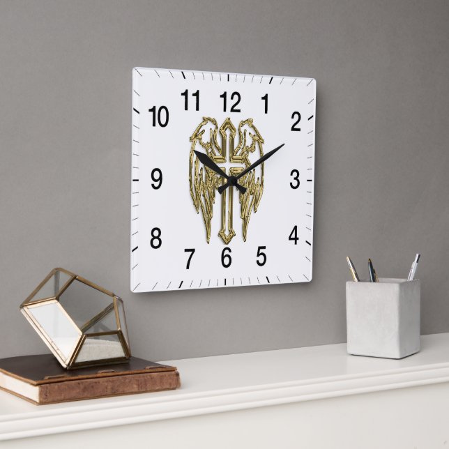 Horloge Carrée croix d'or catholique blanche (Bureau)