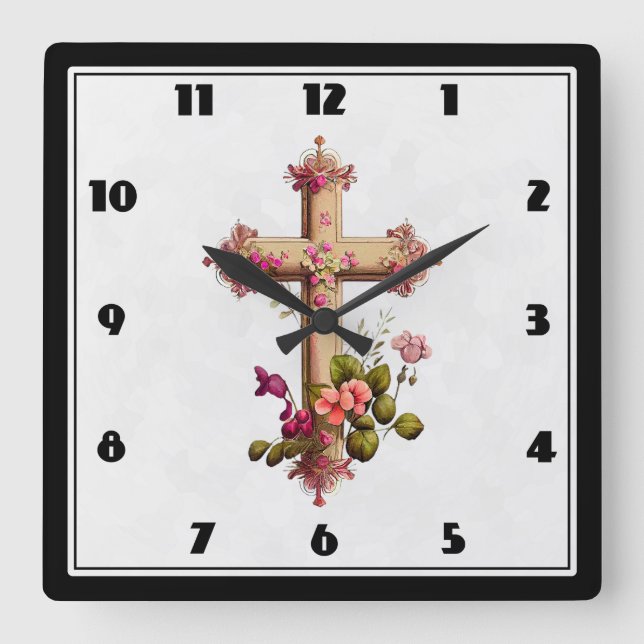 Horloge Carrée Croix en bois élégante aux fleurs roses (Recto)