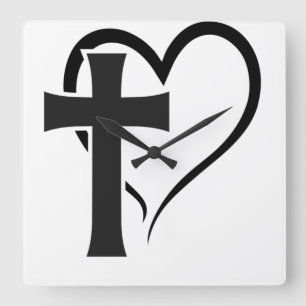 Horloge Carrée Croix Et Coeur Christian