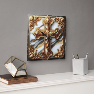 Horloge Carrée Croix éthérée sculptée dans le Marbre blanc