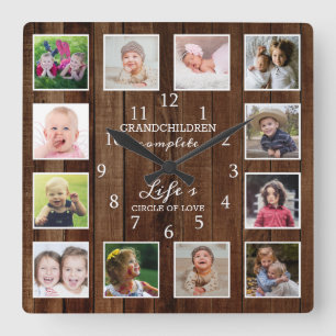 Horloge Carrée Croquis Rustic Wood 12 Photo Collage Grandchildren