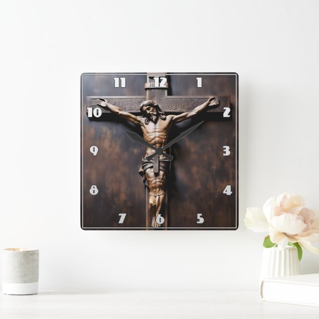 Horloge Carrée Crucifixion de Jésus sur Croix en bois (Maison)