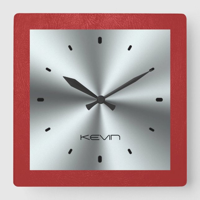 Horloge Carrée Cuir rouge et acier inoxydable métallique (Recto)
