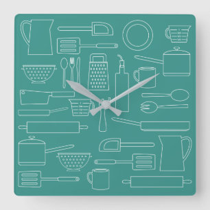 Horloge Carrée Cuisine Cuisine Ustensiles Thème Cuisine Turquois