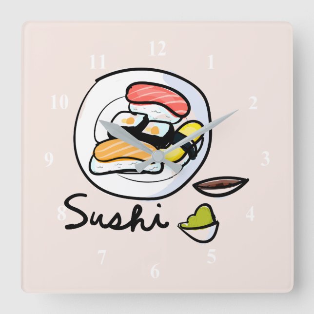 Horloge Carrée Cuisine japonaise moderne et sushi kawaii (Recto)