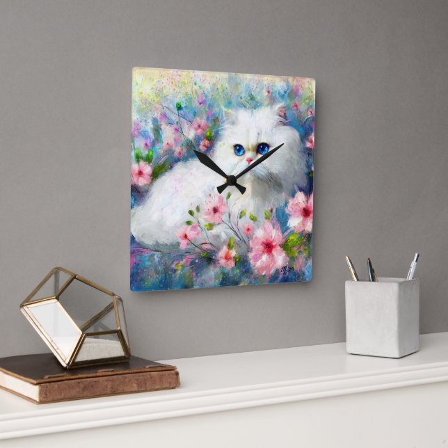 Horloge Carrée Cuisine Perse blanche Cuisine Bleu Yeux en Fleurs  (Bureau)