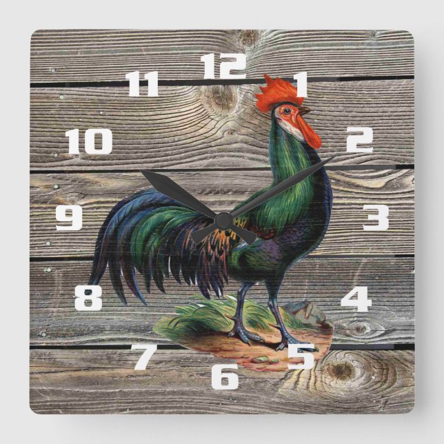 Horloge Carrée Cuisine rustique au coq de campagne (Recto)