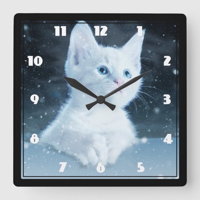Horloge Carrée Cuite Kitten blanc avec de beaux yeux bleus (Recto)