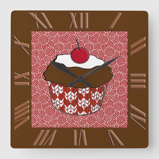 Horloge Carrée Cupcake au chocolat sur Motif rouge et blanc (Recto)