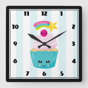 Horloge Carrée Cupcake bleu mignon avec visage Kawaii