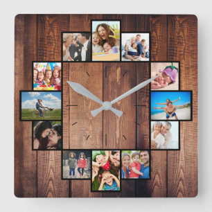Horloge Carrée Custom 12 Family Friends Photo Collage Rustic