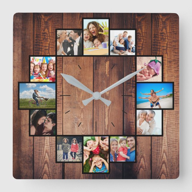 Horloge Carrée Custom 12 Family Friends Photo Collage Rustic (Recto)