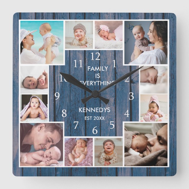 Horloge Carrée Custom 12 Family Photo Collage Nautique Bleu Bois (Recto)