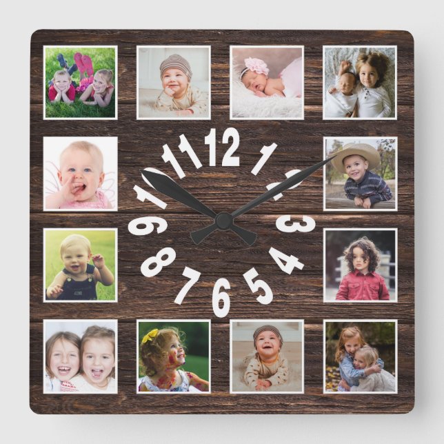 Horloge Carrée Custom 12 Family Photo Collage Rustic Farmhouse (Recto)