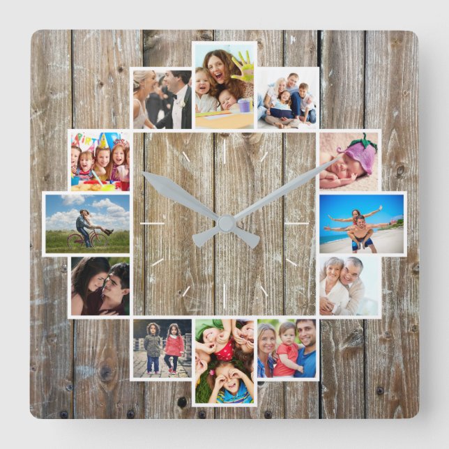 Horloge Carrée Custom 12 Family Photo Collage Rustic Farmhouse (Recto)