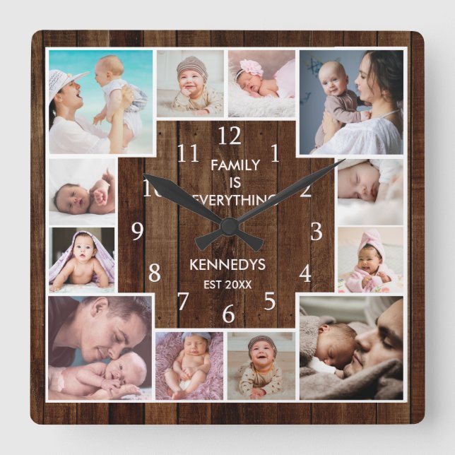 Horloge Carrée Custom 12 Family Photo Collage Rustique Bois Brown (Recto)