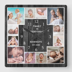 Horloge Carrée Custom 12 Family Photo Collage Rustique Noir Bois