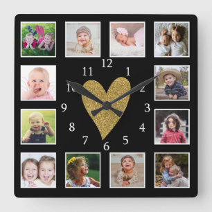 Horloge Carrée Custom 12 Photo Collage Black And Gold Heart