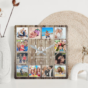 Horloge Carrée Custom 12 Photo Collage Family Love Reclaimed Wood