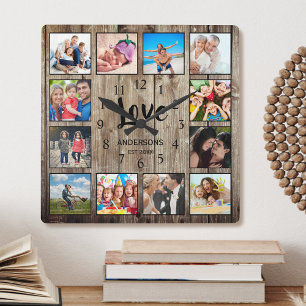 Horloge Carrée Custom 12 Photo Collage Family Love Reclaimed Wood