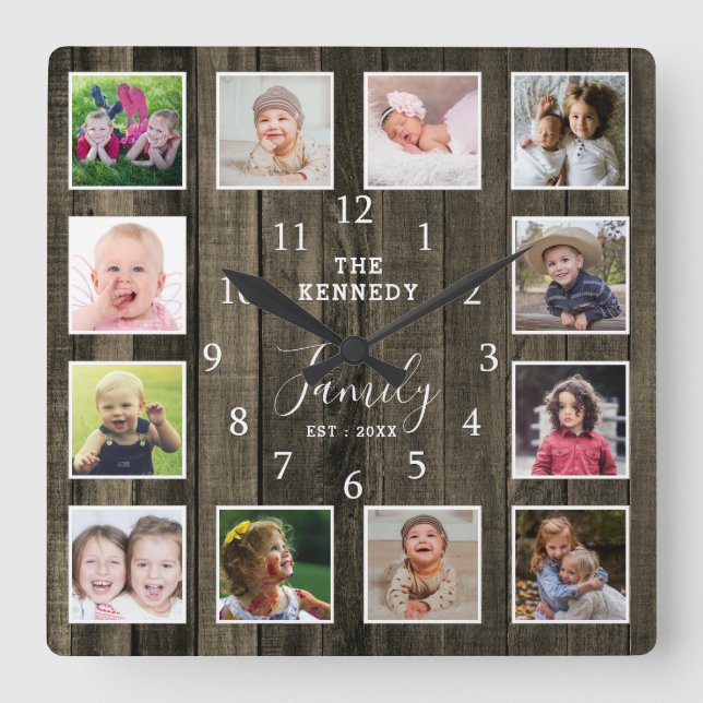 Horloge Carrée Custom 12 Photo Collage Family Nom Quota Wood (Recto)