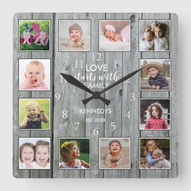 Horloge Carrée Custom 12 Photo Collage Family Quota Gray Wood  (Recto)