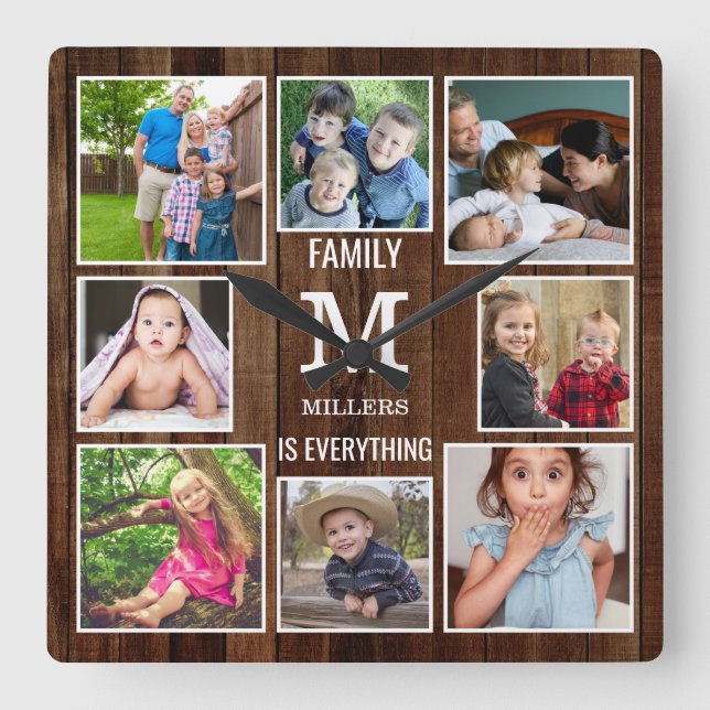 Horloge Carrée Custom 8 Photo Collage Family Monogram Brown Wood (Recto)