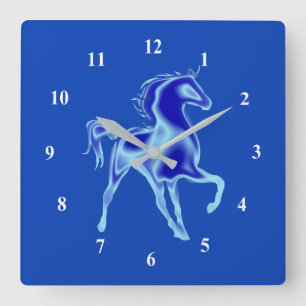 Horloge Carrée Custom Colors Clock with Blue Horse Painting Art