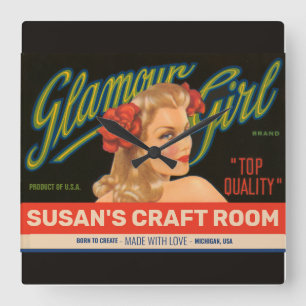 Horloge Carrée Custom Craft Room Vintage Glamour Girl