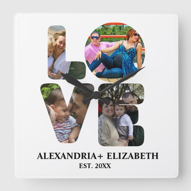Horloge Carrée Custom modern love 4 photo collage pour couples (Recto)