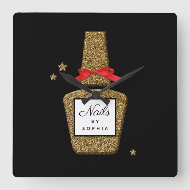 Horloge Carrée CUSTOM NAIL salon Golden parties scintillant styli (Recto)