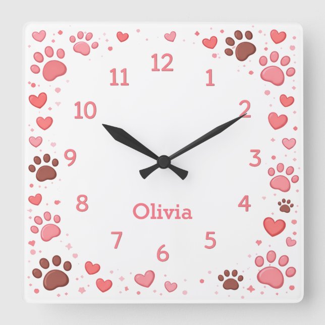 Horloge Carrée Customizable Name Pet Paw Print Wall Clock (Recto)