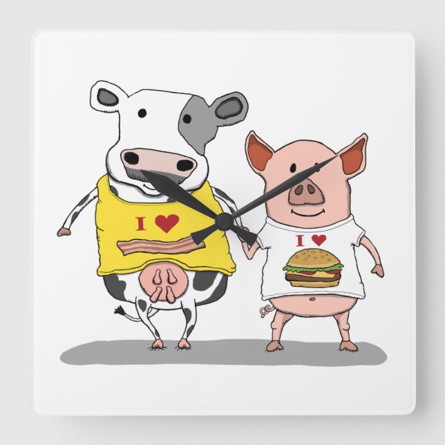 Horloge Carrée Cute and Funny Cow and Pig Friends (Recto)