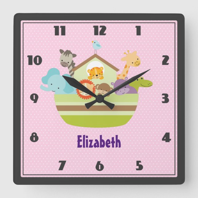 Horloge Carrée Cute Animal Ark on Pink Polka Dots (Recto)
