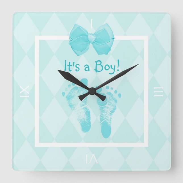 Horloge Carrée Cute Baby Boy Footprints (Recto)