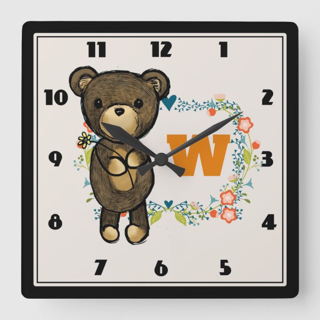 Horloge Carrée Cute Bear, Yellow Flower & Floral Wreath Monogram (Recto)