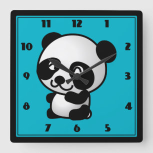 Horloge Carrée Cute black and white panda bear cartoon graphic