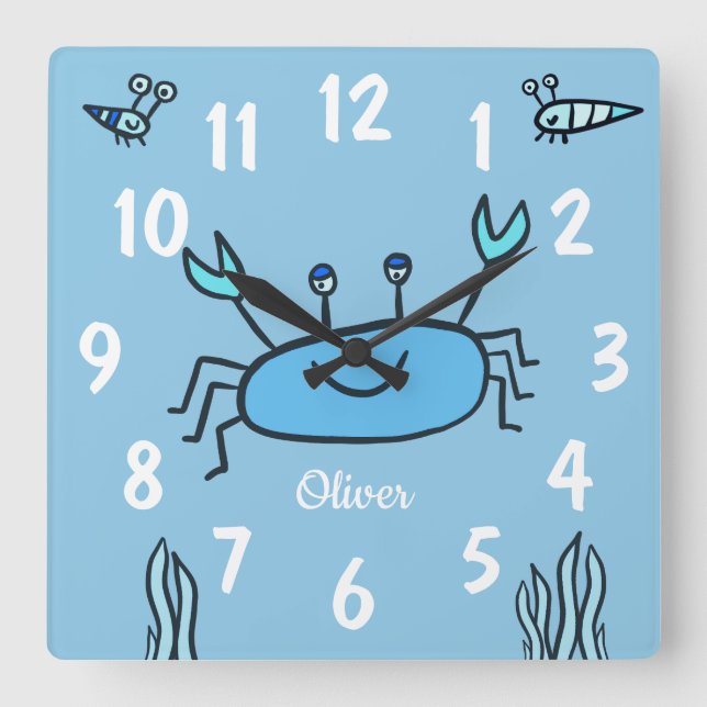 Horloge Carrée Cute Blue Crab Sea Animal Nom du garçon (Recto)