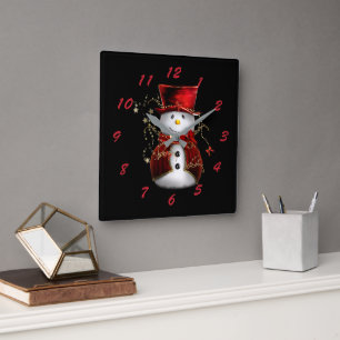 Horloge Carrée Cute bonhomme de neige en Velours rouge Noël