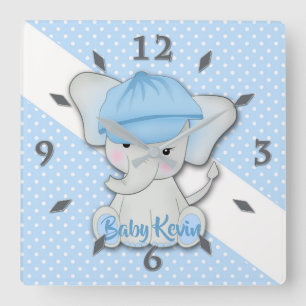 Horloge Carrée Cute cartoon baby elephant on blue white polka d