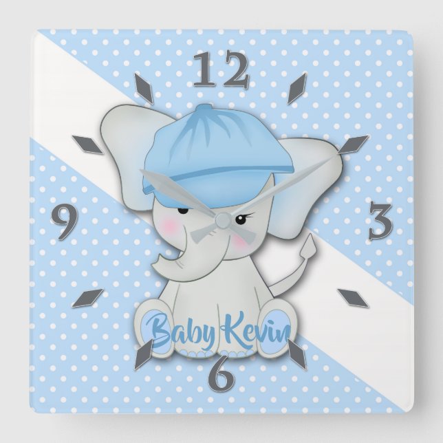 Horloge Carrée Cute cartoon baby elephant on blue white polka d (Recto)