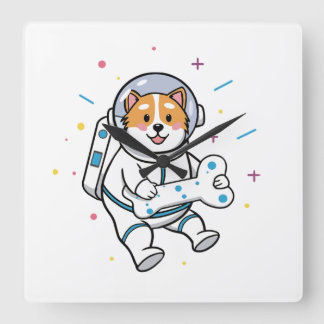 Horloge Carrée Cute Cat Astronaut in Space Wall Clock