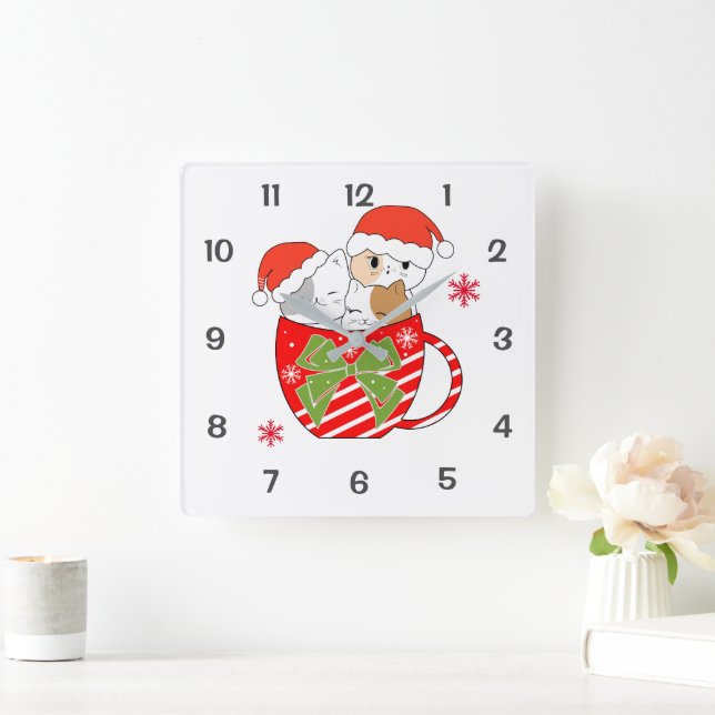 Horloge Carrée Cute Cats in the Mug Christmas Thème (Maison)